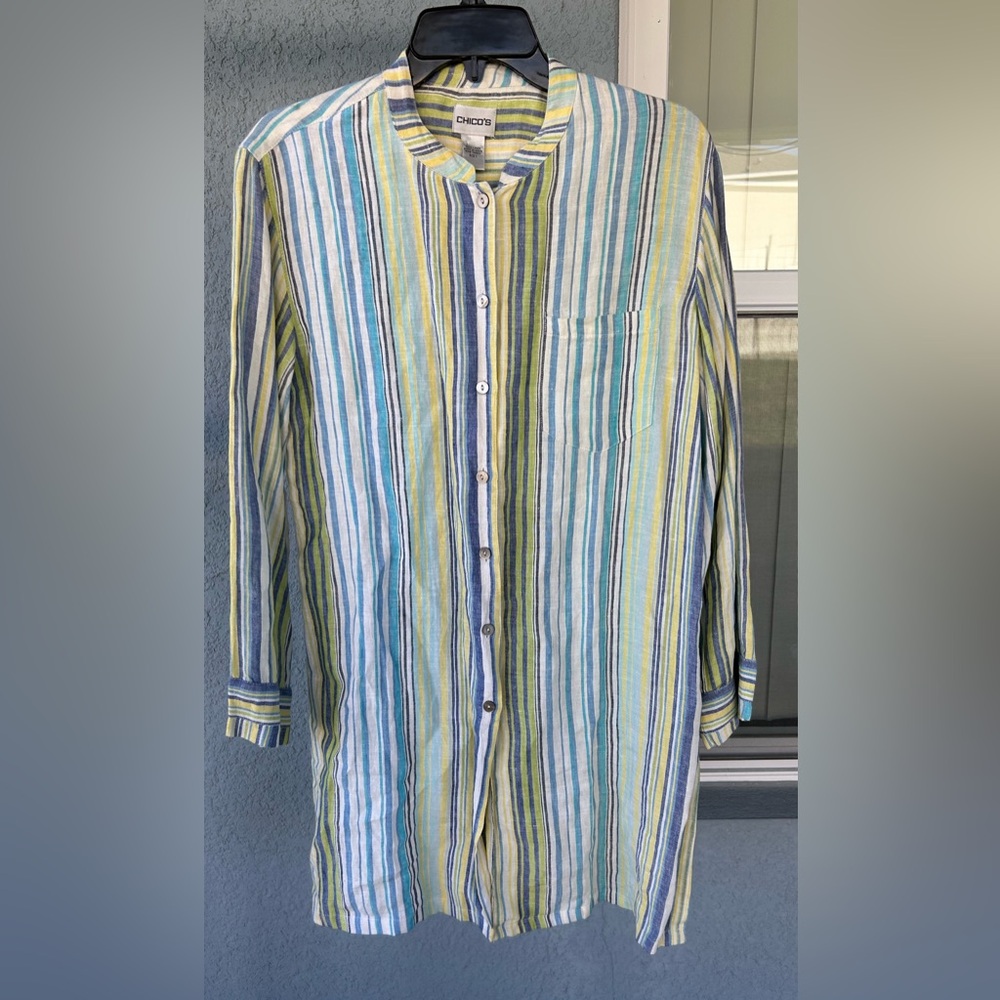 Chico’s Stripped 100% Linen Side Splits Beachy Coastal Long Tunic Size 1/Medium